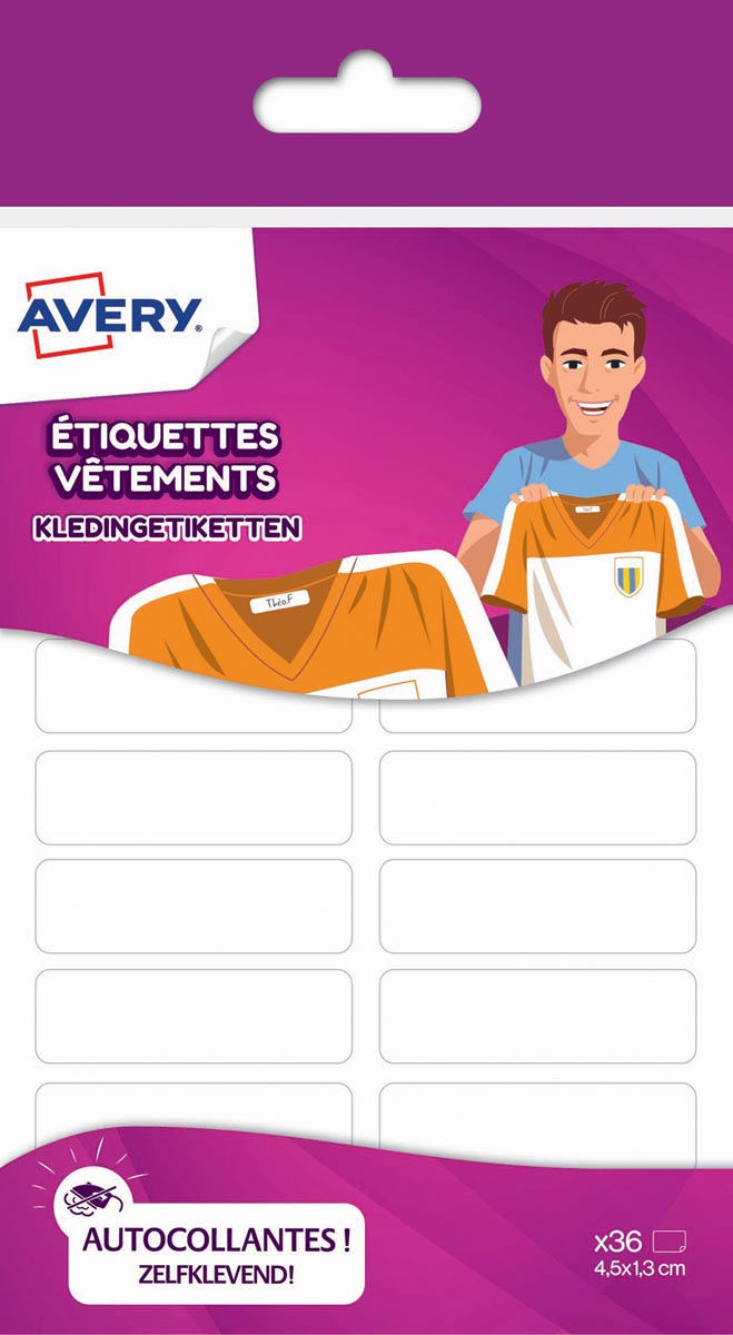Avery Family kledingetiketten, ft 4,5 x 1,3 cm, wit, ophangbare etui met 36 etiketten afbeelding