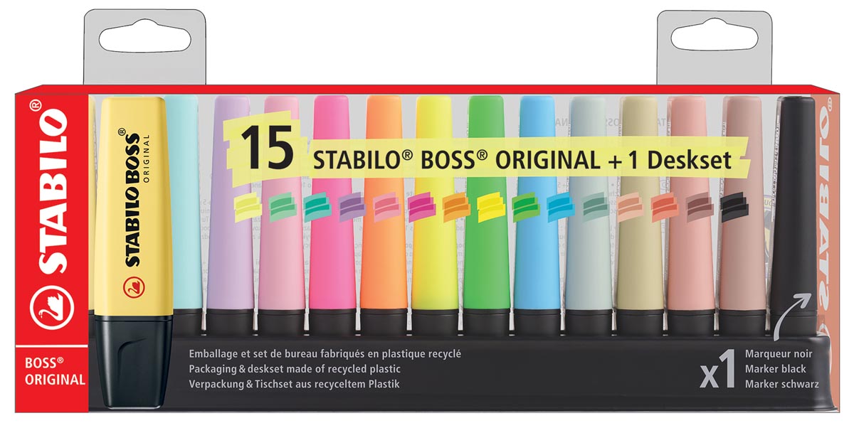 STABILO BOSS markeerstift pastel en natuur, geassorteerde kleuren met zwart, deskset van 15 stuks afbeelding