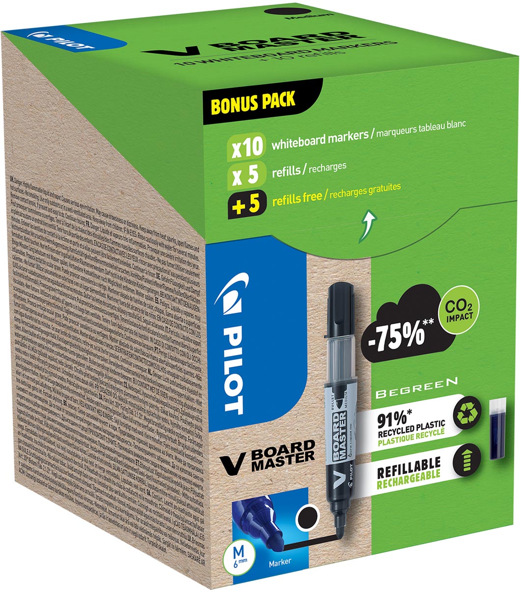 Pilot BeGreen whiteboardmarker V-Board Master M, zwart, 10 stuks + 10 navullingen Pilot BeGreen whiteboardmarker V-Board Master M, zwart, 10 stuks + 10 navullingen