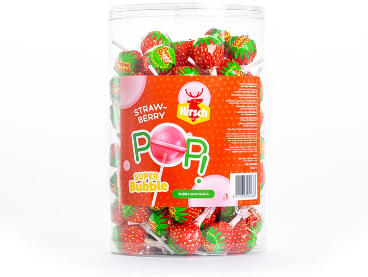 Hirsch Super Bubble Lolly Strawberry, 100 stuks, pot van 1,7 kg afbeelding
