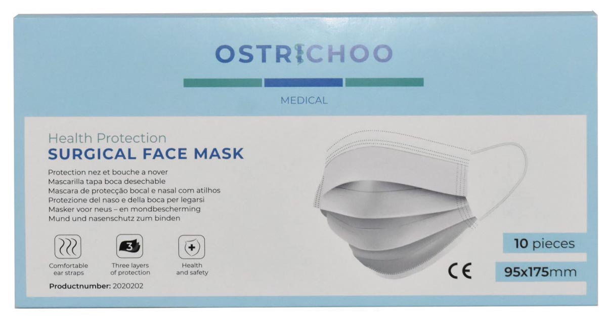 Chirurgisch mondmasker, type IIR, 3- laags, met CE certificaat, doos van 10 stuks Chirurgisch mondmasker, type IIR, 3- laags, met CE certificaat, doos van 10 stuks