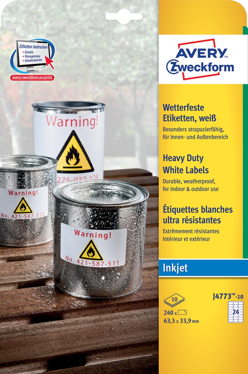Avery Zweckform J4773-10 weerbestendige etiketten ft 63,5 x 33,9 mm (b x h), 2.400 etiketten, wit afbeelding