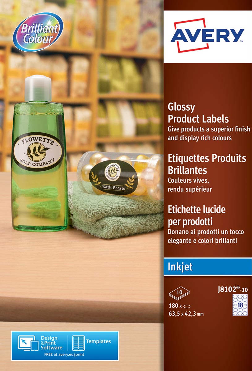 Avery J8102-10 productetiketten ft 63,5 x 42,3 mm, gecoat, 180 etiketten, wit afbeelding