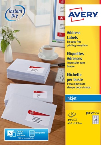 Avery J8159-10 adresetiketten ft 63,5 x 33,9 mm (b x h), 240 etiketten, wit