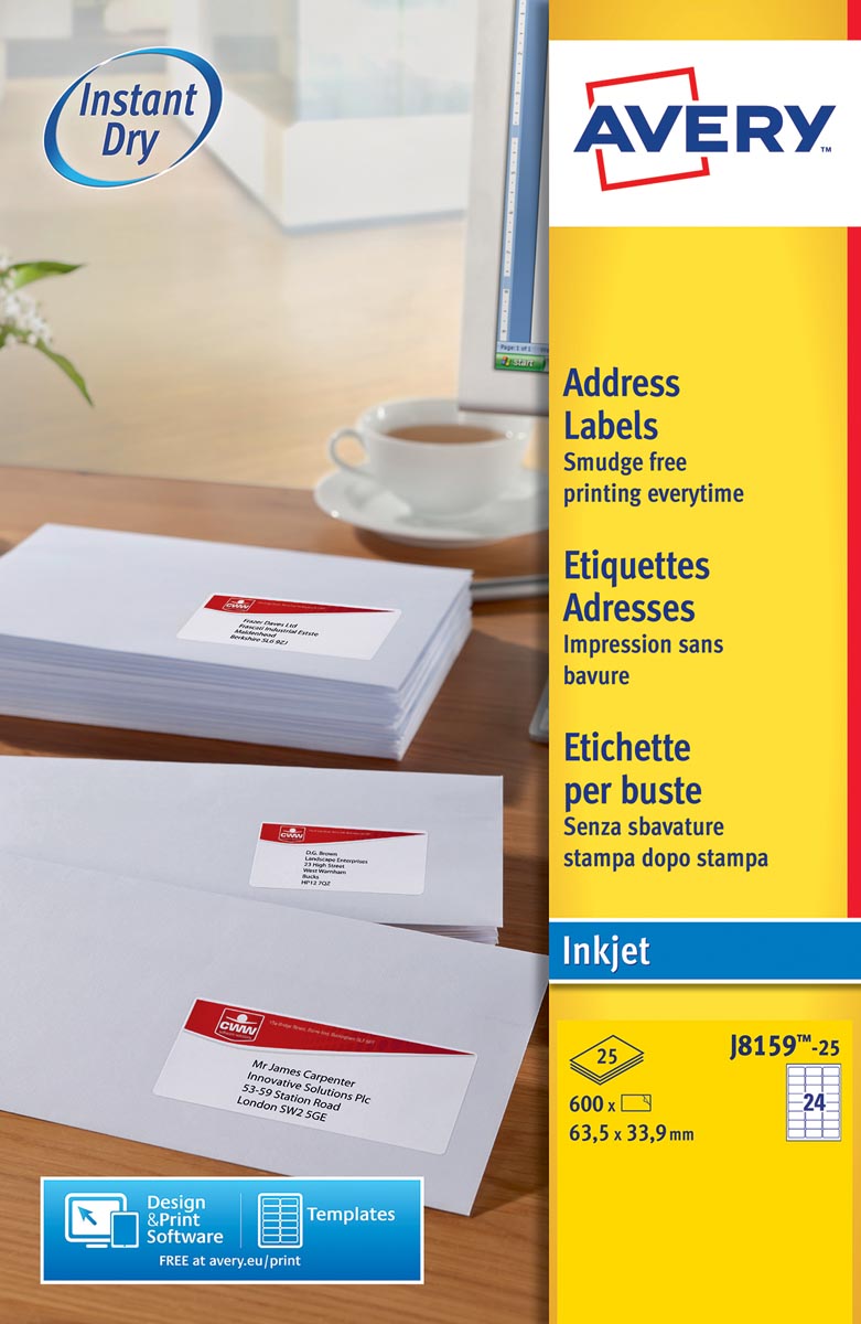 Avery J8159-25 adresetiketten ft 63,5 x 33,9 mm (b x h), 600 etiketten, wit afbeelding