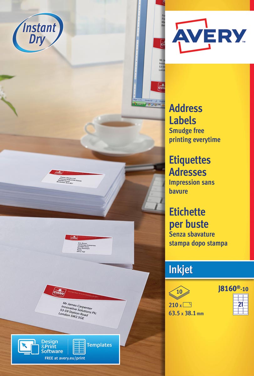 Avery J8160-10 adresetiketten ft 63,5 x 38,1 mm (b x h), 210 etiketten, wit afbeelding