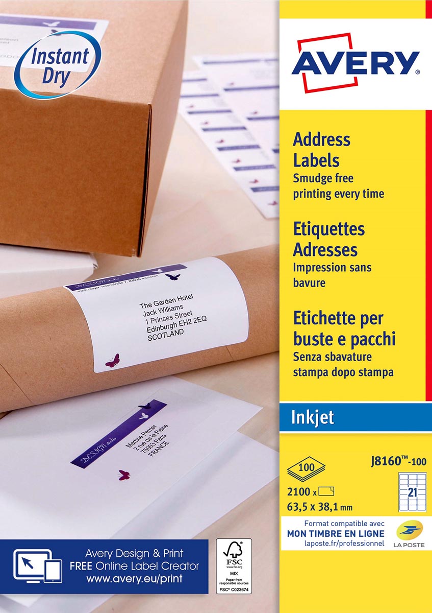 Avery J8160-100 adresetiketten 63,5 x 38,1 mm (b x h), 2.100 etiketten, wit afbeelding