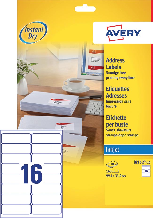 Avery J8162-10 adresetiketten ft 99,1 x 33,9 mm (b x h), 160 etiketten, wit afbeelding