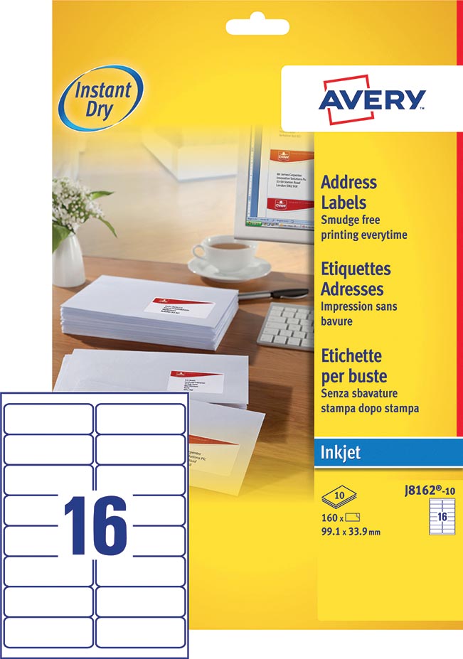 Afbeelding van Avery J8162-10 adresetiketten ft 99,1 x 33,9 mm (b x h), 160 etiketten, wit