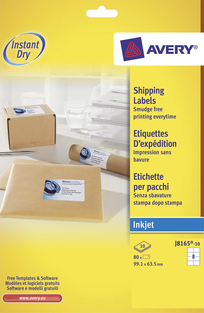 Avery Witte etiketten QuickDry doos van 10 blad, ft 99,1 x 67,7 mm (b x h), 80 stuks, 8 per blad Met ...