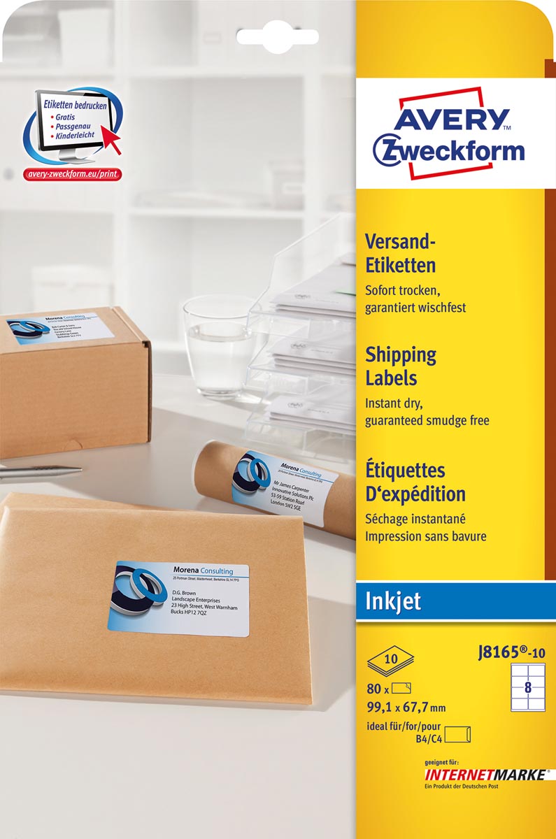 Avery Witte etiketten QuickDry doos van 10 blad, ft 99,1 x 67,7 mm (b x h), 80 stuks, 8 per blad Met ...