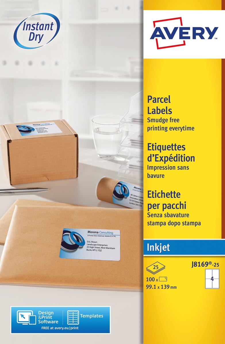 Avery witte etiketten inkjet QuickDry ft 99,1 x 139mm, 100 stuks, doos van 25 vel Met ronde hoeken afbeelding