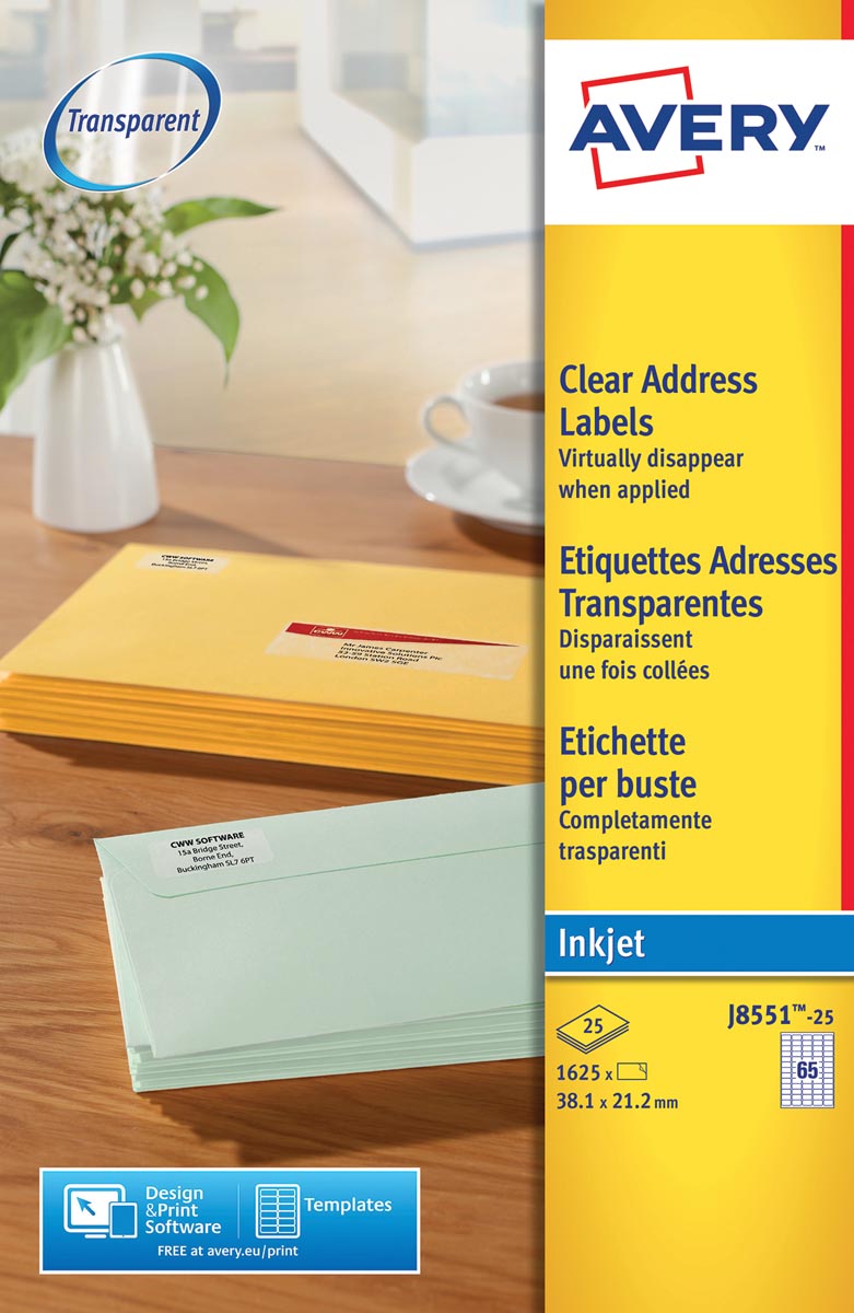 Avery J8551-25 mini etiketten ft 38,1 x 21,2 mm (b x h), 1.625 etiketten, transparant afbeelding