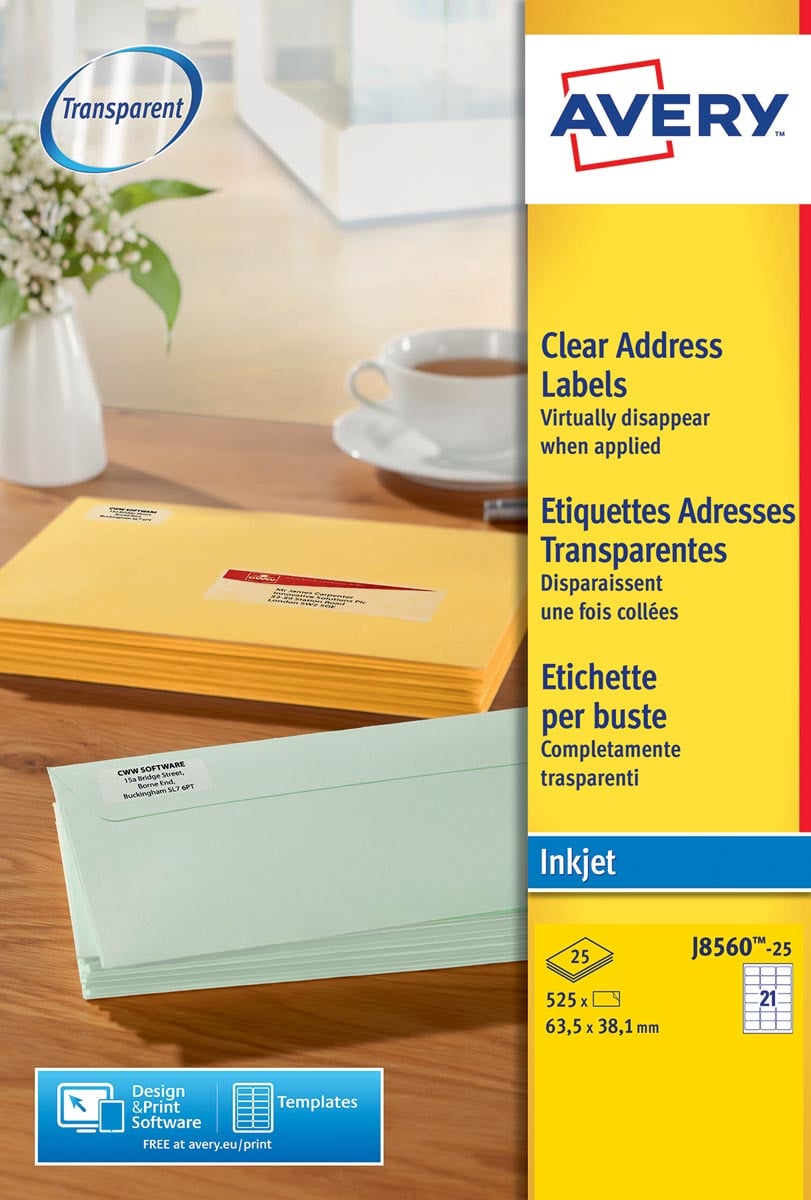 Avery J8560-25 adresetiketten ft 63,5 x 38,1 mm (b x h), 525 etiketten, transparant afbeelding