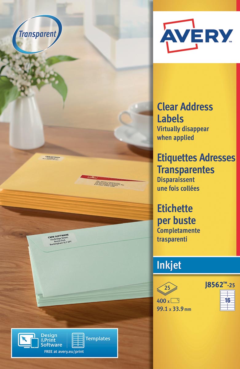 Avery transparante adresetiketten ft 99,1 x 33,9 mm (b x h), 400 stuks, 16 etiketten per blad