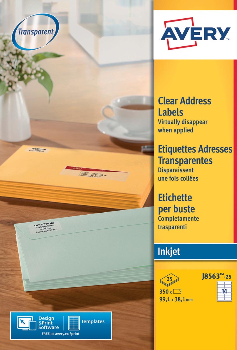Avery transparante adresetiketten ft 99,1 x 38,1 mm (b x h), 350 stuks, 14 per blad