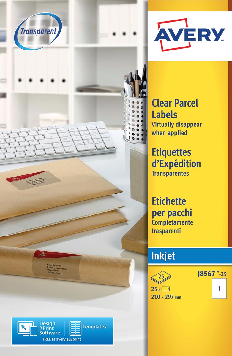 Avery transparante verzendetiketten ft 210 x 297 mm, 25 stuks, 1 per blad afbeelding