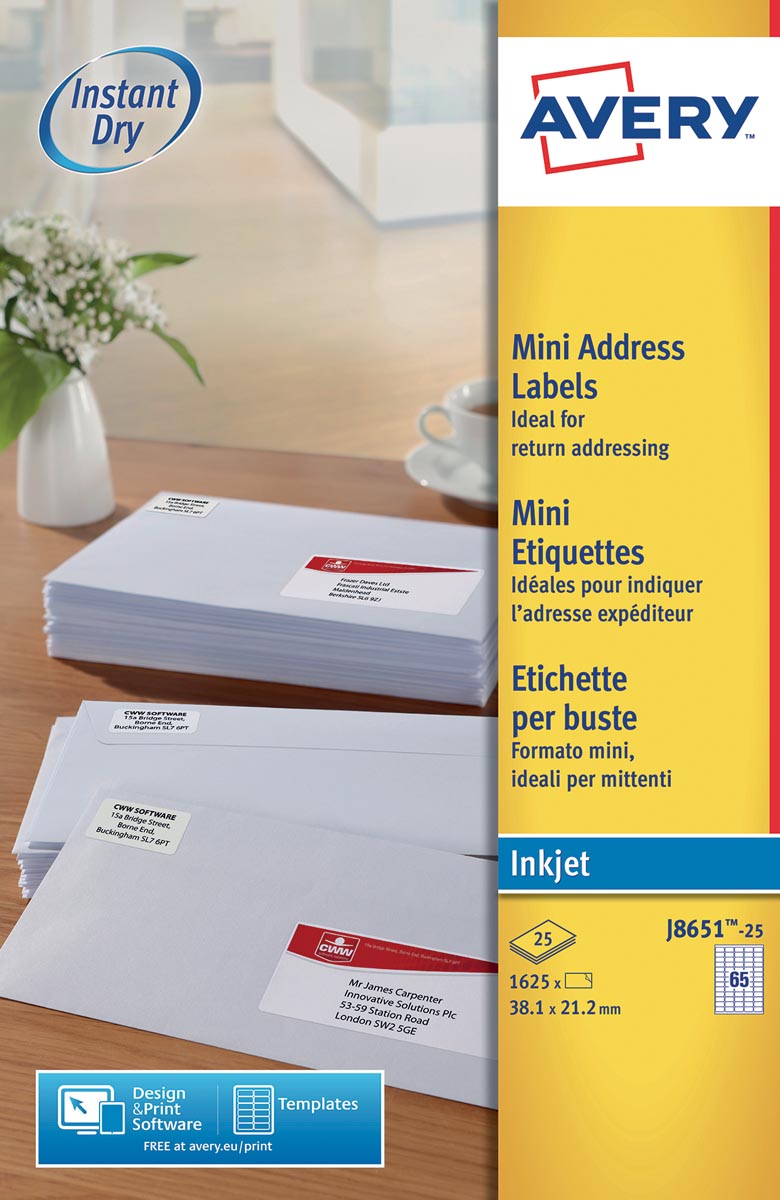 Avery witte etiketten QuickDry ft 38,1 x 21,2 mm (b x h), 1.625 stuks, 65 per blad