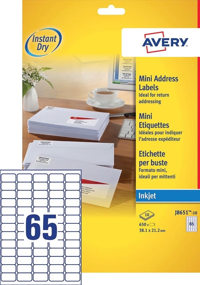 Verrast plaats alarm Avery J8651-10 mini etiketten ft 38,1 x 21,2 mm (b x h), 650 etiketten, wit  bij VindiQ Office