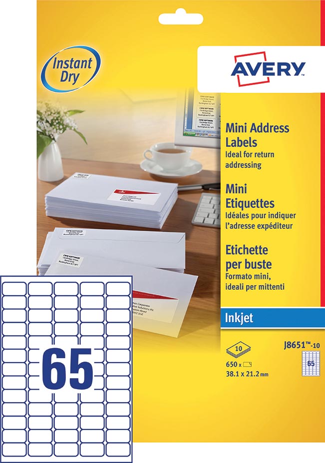 Avery J8651-10 mini etiketten ft 38,1 x 21,2 mm (b x h), 650 etiketten, wit