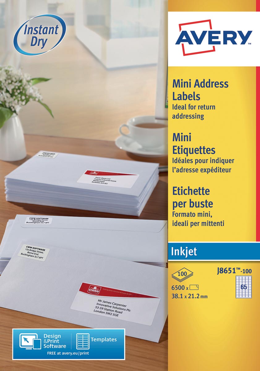 Afbeelding van Avery witte etiketten QuickDry ft 38,1 x 21,2 mm (b x h), 6.500 stuks, 65 per blad