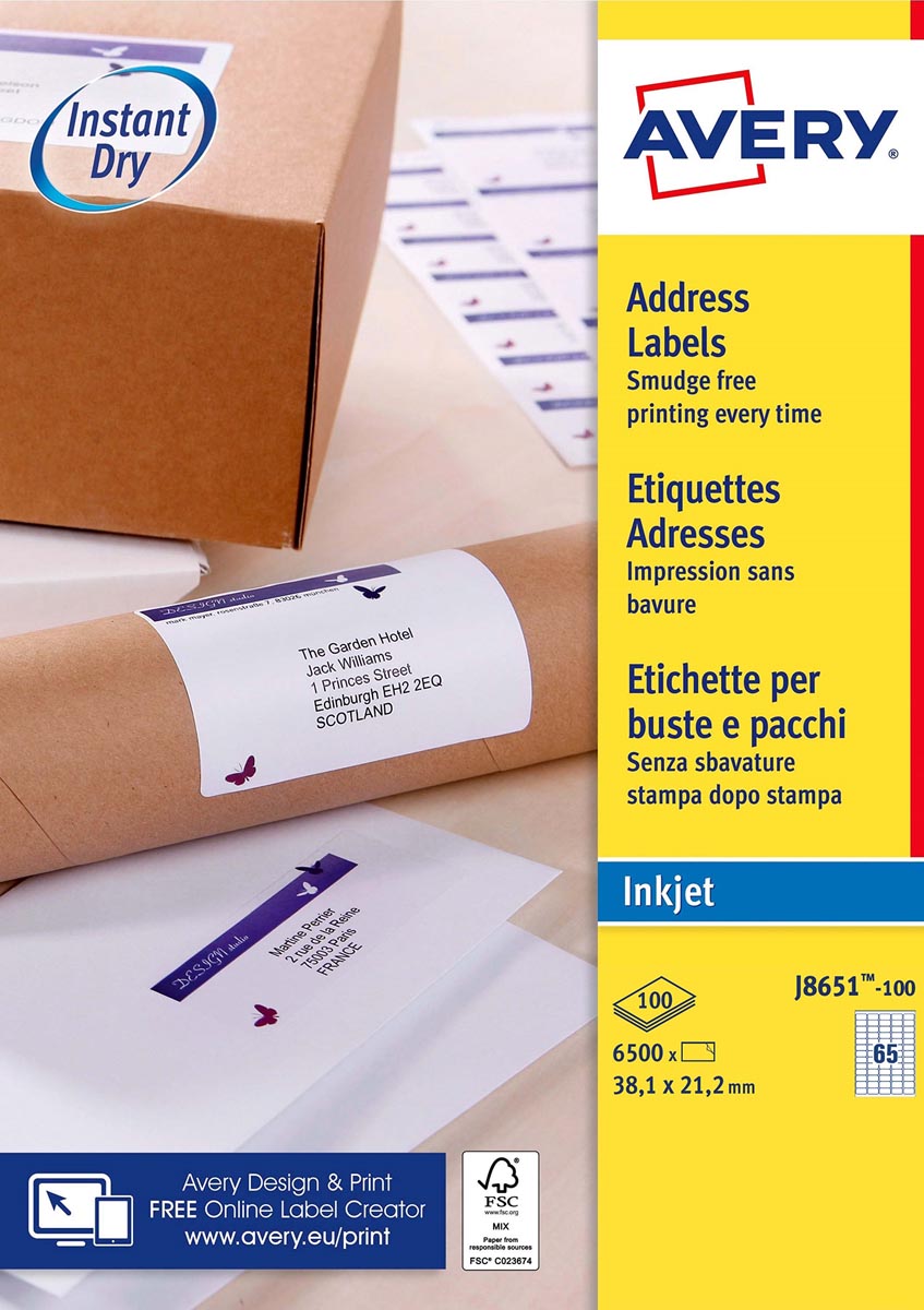 Avery witte etiketten QuickDry ft 38,1 x 21,2 mm (b x h), 6.500 stuks, 65 per blad afbeelding