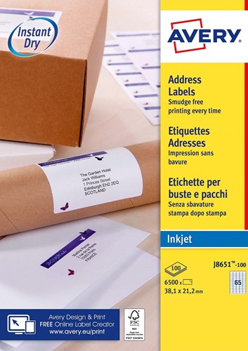 Avery witte etiketten QuickDry ft 38,1 x 21,2 mm (b x h), 6.500 stuks, 65 per blad