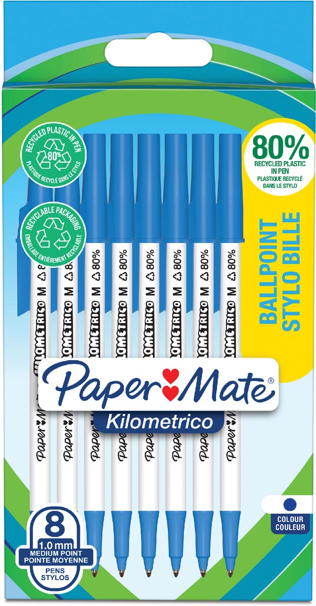 Paper Mate balpen Kilometrico, medium, blister van 8 stuks, blauw afbeelding