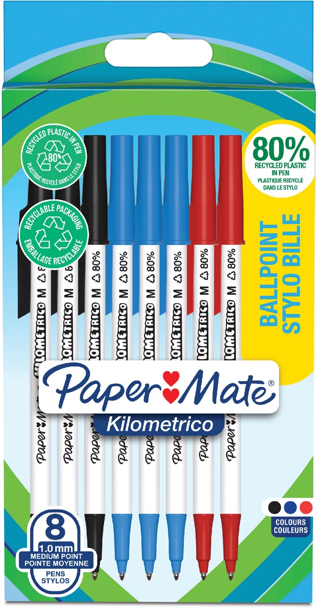 Paper Mate balpen Kilometrico, medium, blister van 8 stuks, assorti afbeelding
