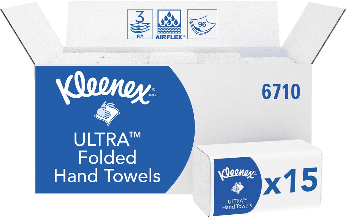 Kleenex papieren vouwhandoeken, Ultra Super Soft, 3-laags, 96 vellen, pak van 15 stuks afbeelding