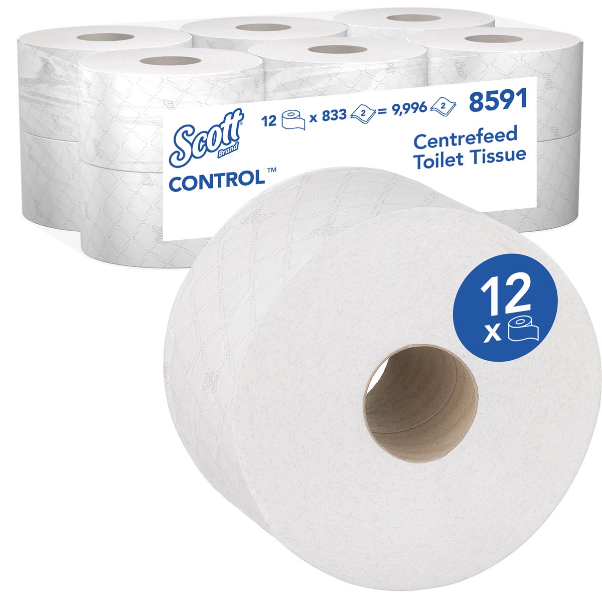 Kimberly Clark toiletpapier Scott Control centrefeed rol, wit, 2-laags, pak van 12 rollen afbeelding