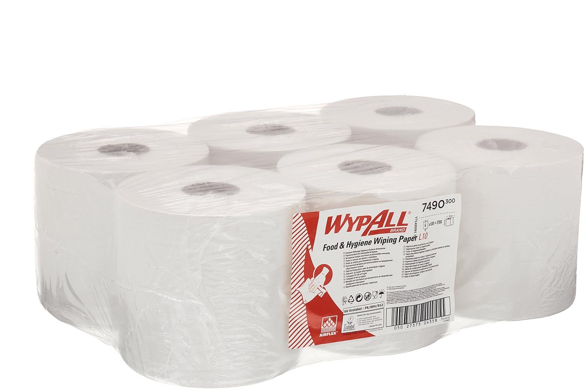 Wypall reinigingsdoeken L10, centerfeed, 1-laags, pak van 6 rollen, wit Wypall reinigingsdoeken L10, centerfeed, 1-laags, pak van 6 rollen, wit