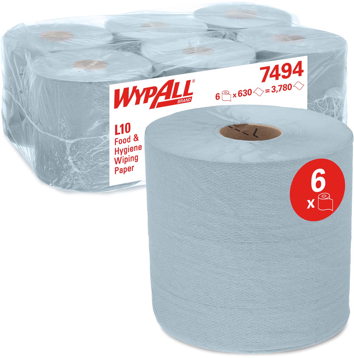 Wypall reinigingsdoeken L10, centerfeed, 1-laags, pak van 6 rollen, blauw Wypall reinigingsdoeken L10, centerfeed, 1-laags, pak van 6 rollen, blauw