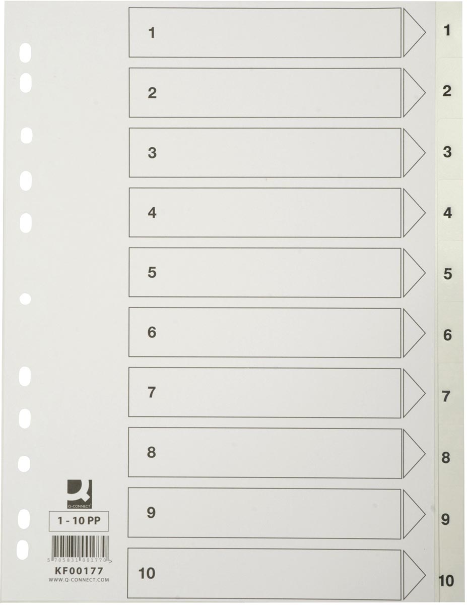 Q-CONNECT tabbladen, A4, PP, 11-gaatsperforatie,met indexblad, set van 1-10, wit afbeelding