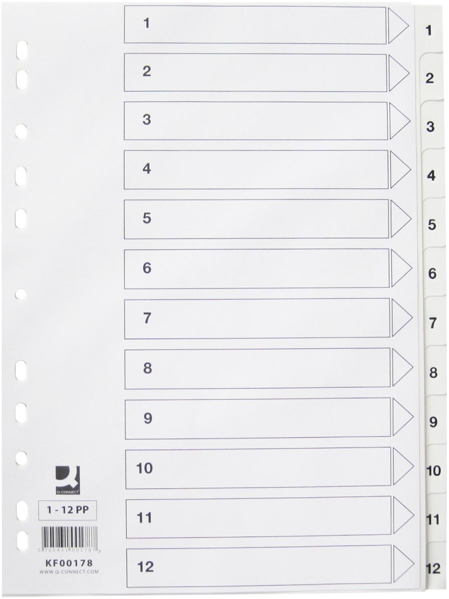 Q-CONNECT tabbladen, A4, PP, 11-gaatsperforatie, met indexblad, set van 1-12, wit afbeelding