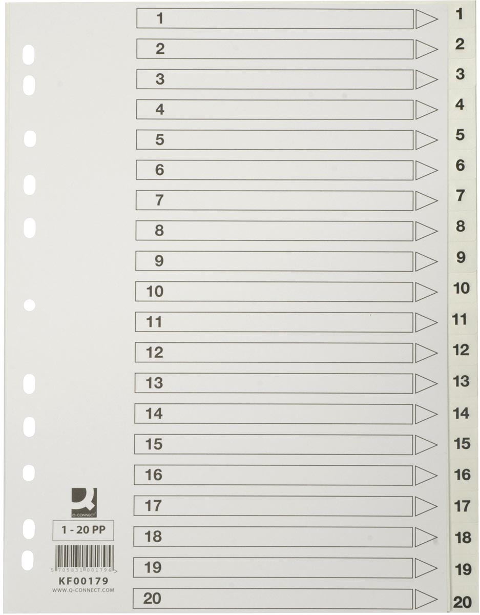 Q-CONNECT tabbladen, A4, PP, 11-gaatsperforatie, met indexblad, set van 1-20, wit afbeelding