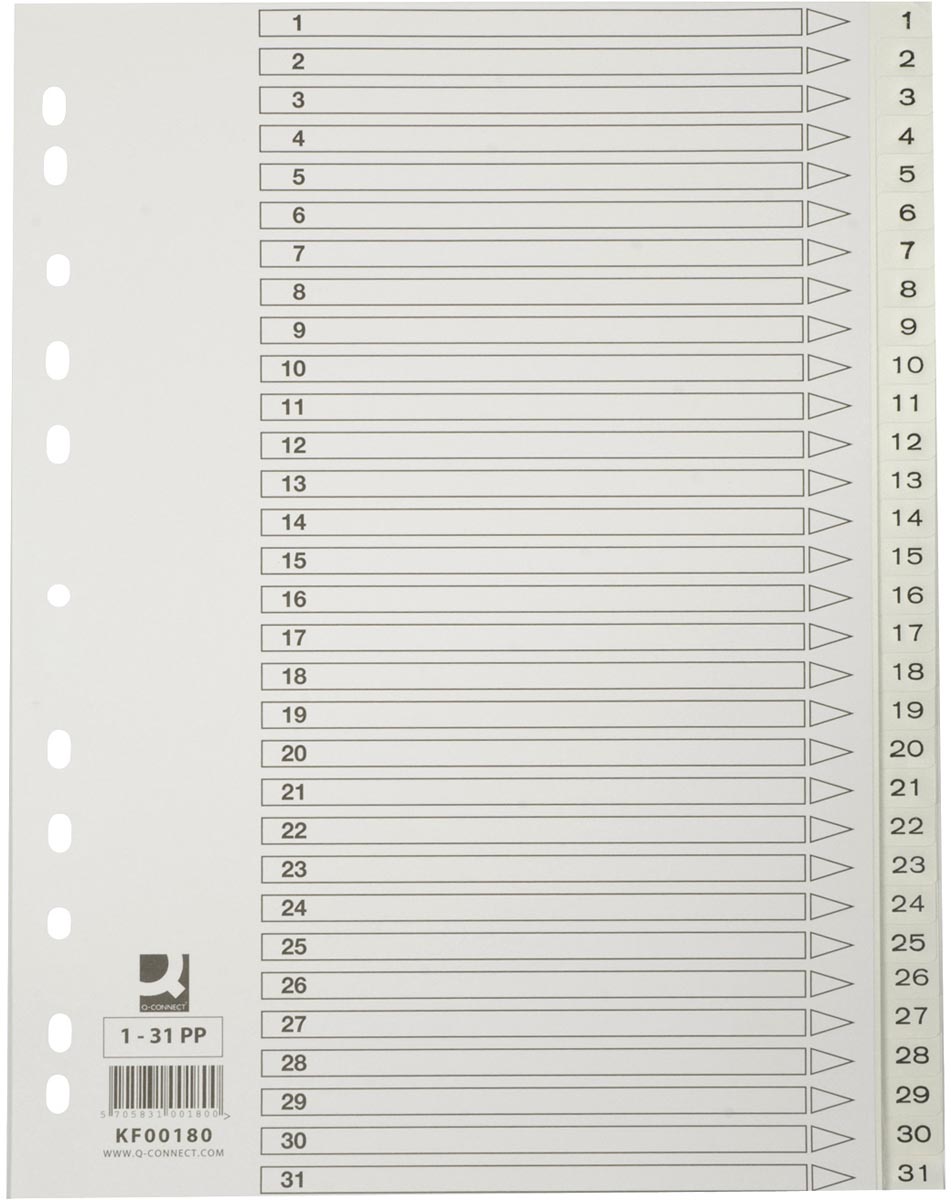 Q-CONNECT tabbladen, A4, PP, 11-gaatsperforatie, met indexblad, set van 1-31, wit afbeelding