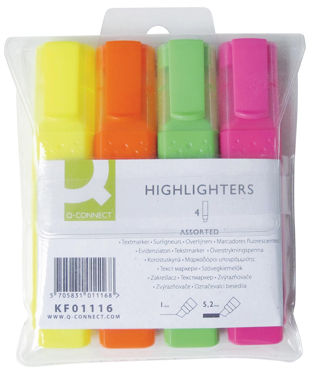 Q-Connect markeerstift, geassorteerde kleuren, etui van 4 stuks