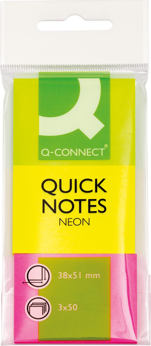 Q-CONNECT Quick Notes, ft 38 x 51 mm, 50 vel, etui van 3 blokken in neonkleuren afbeelding