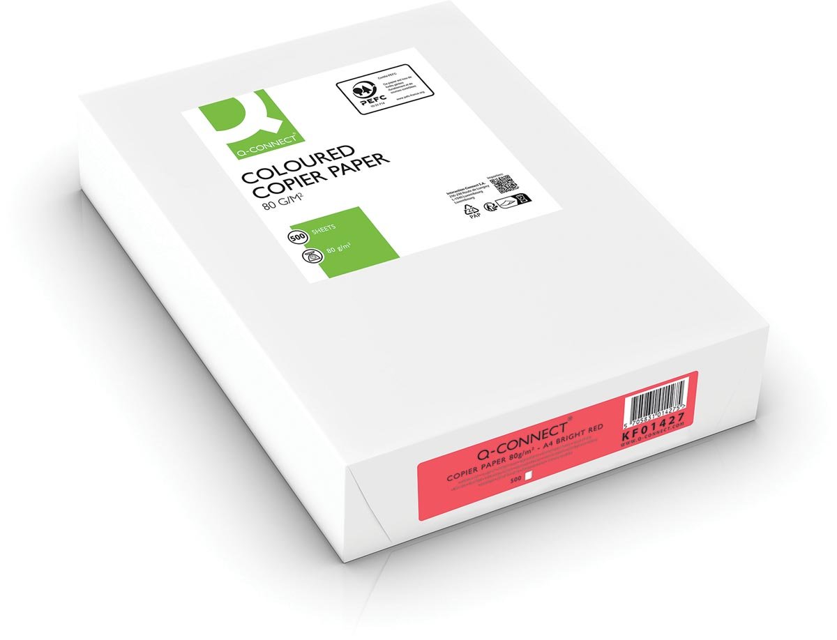 Q-CONNECT gekleurd kopieerpapier, A4, 80g, pak van 500 vel, felrood afbeelding
