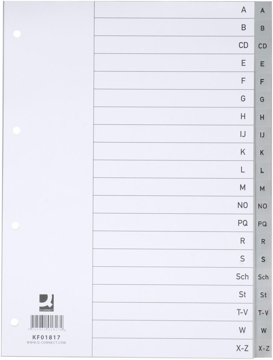 Q-CONNECT alfabetische tabbladen, A4, PP, met indexblad, 20 tabs, grijs Q-CONNECT alfabetische tabbladen, A4, PP, met indexblad, 20 tabs, grijs