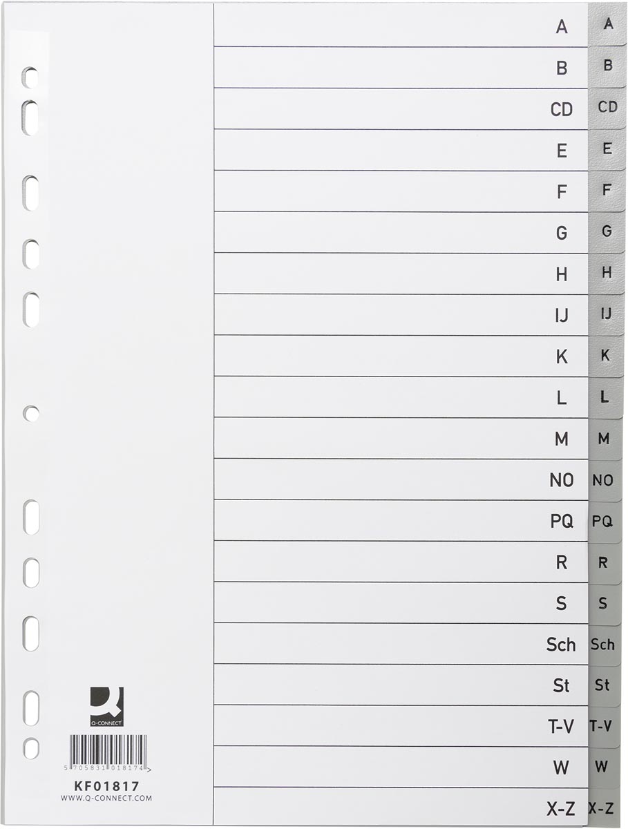 Q-CONNECT tabbladen, A4, PP, 11-gaatsperforatie, met indexblad, set van A-Z, 20 tabs, grijs