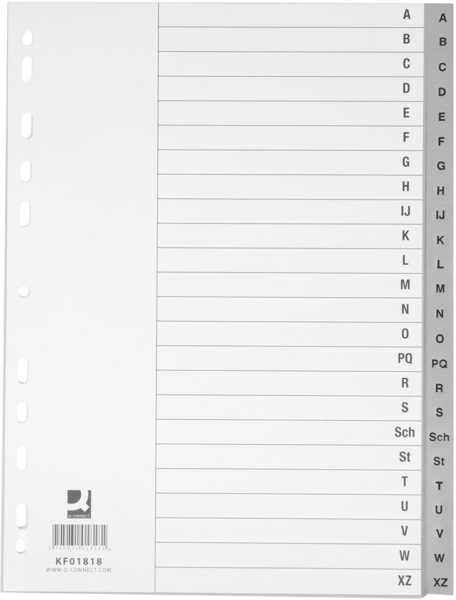 Q-CONNECT tabbladen, A4, PP, 4-gaatsperforatie, met indexblad, set van A-Z, 24 tabs, grijs afbeelding