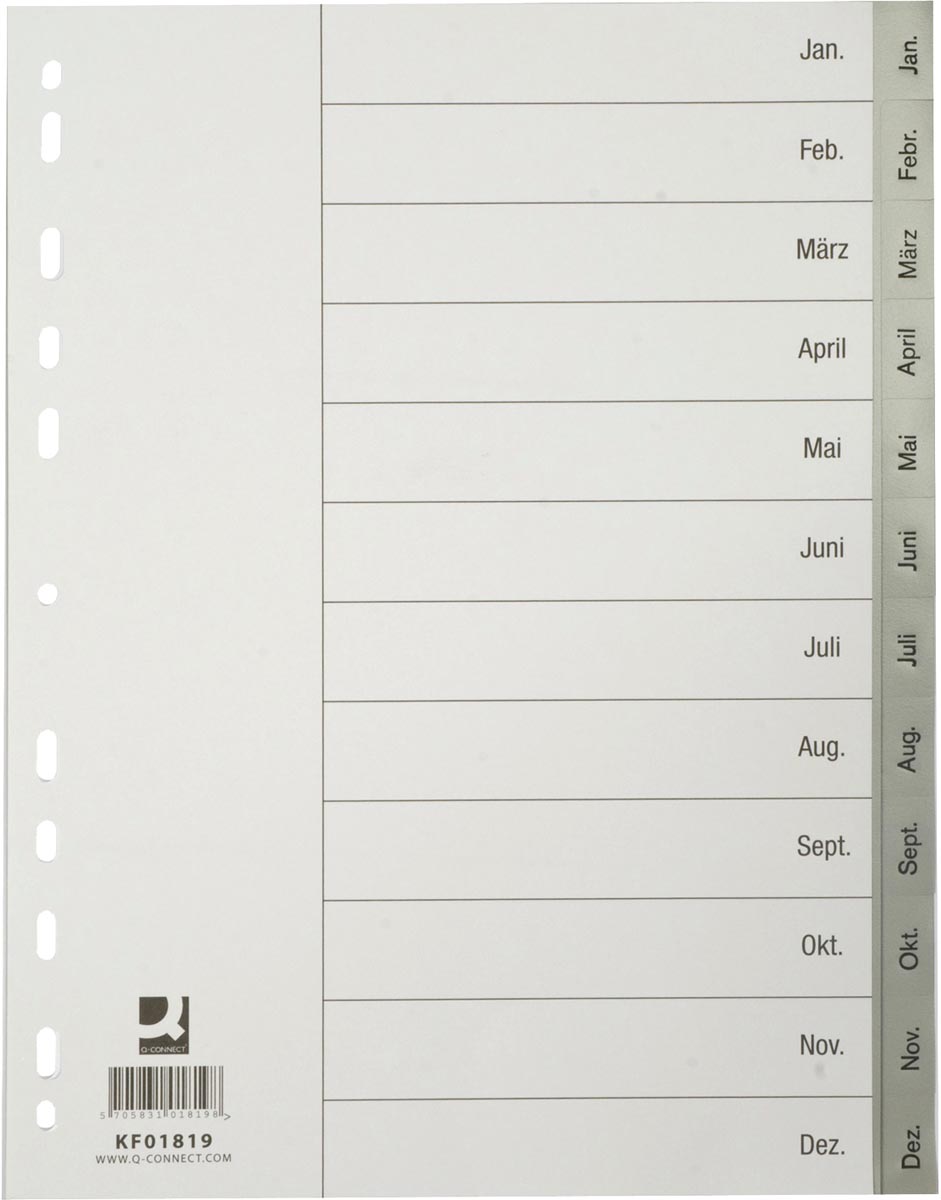 Q-CONNECT tabbladen, A4, PP, 11-gaatsperforatie, met indexblad, set van Jan-Dec, grijs
