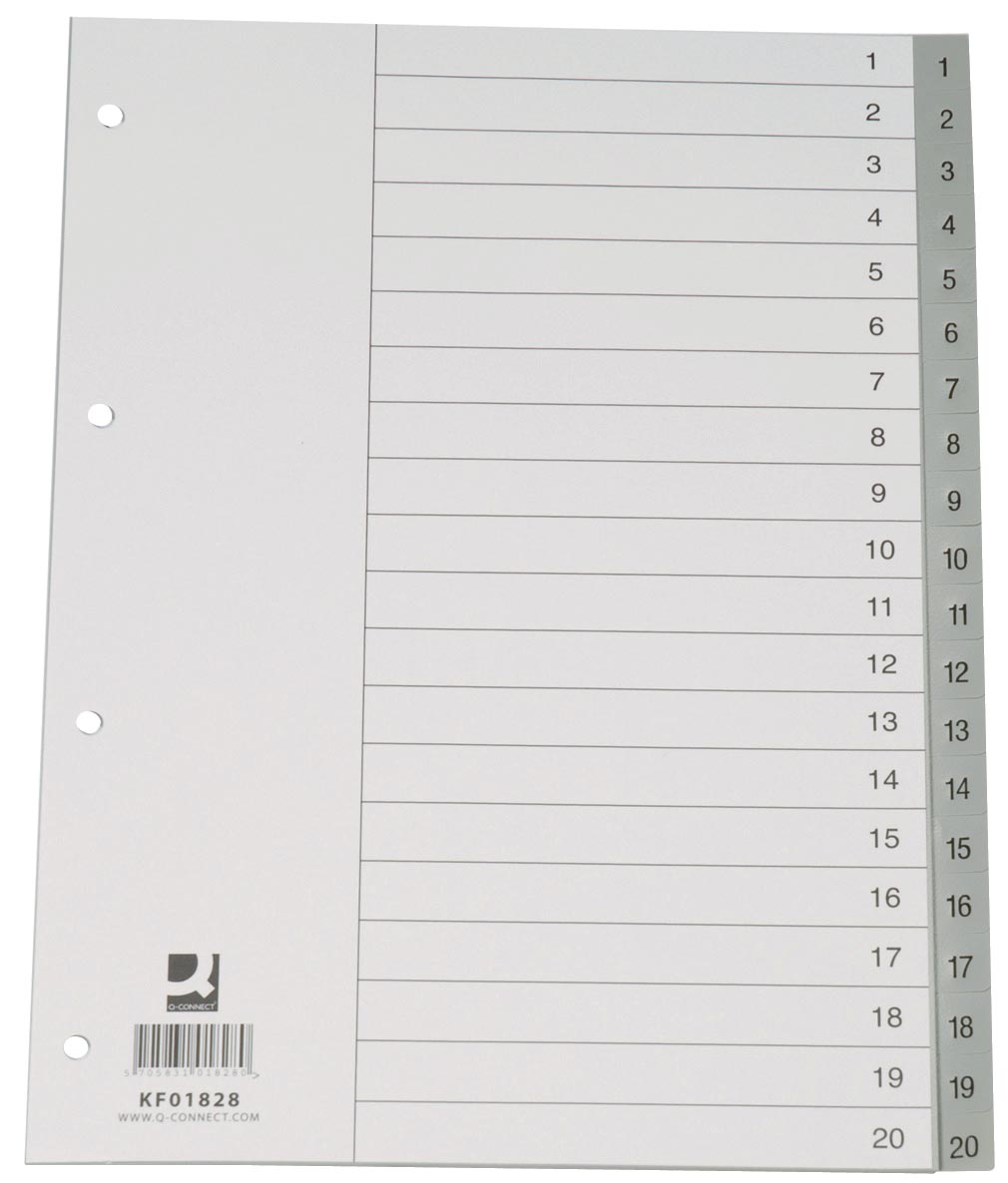 Q-Connect tabbladen set 1-20, met indexblad, ft A4, grijs