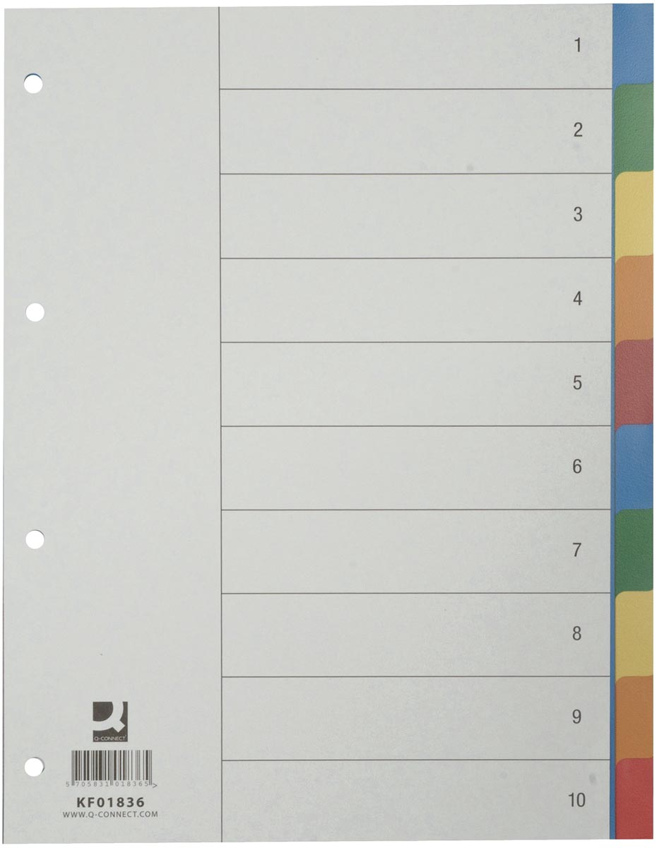 Q-CONNECT tabbladen set 1-10, met indexblad, ft A4, geassorteerde kleuren