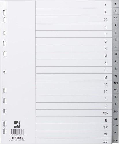 Q-CONNECT tabbladen, A4, PP, 4-gaatsperforatie, set van A-Z, 20 tabs, grijs