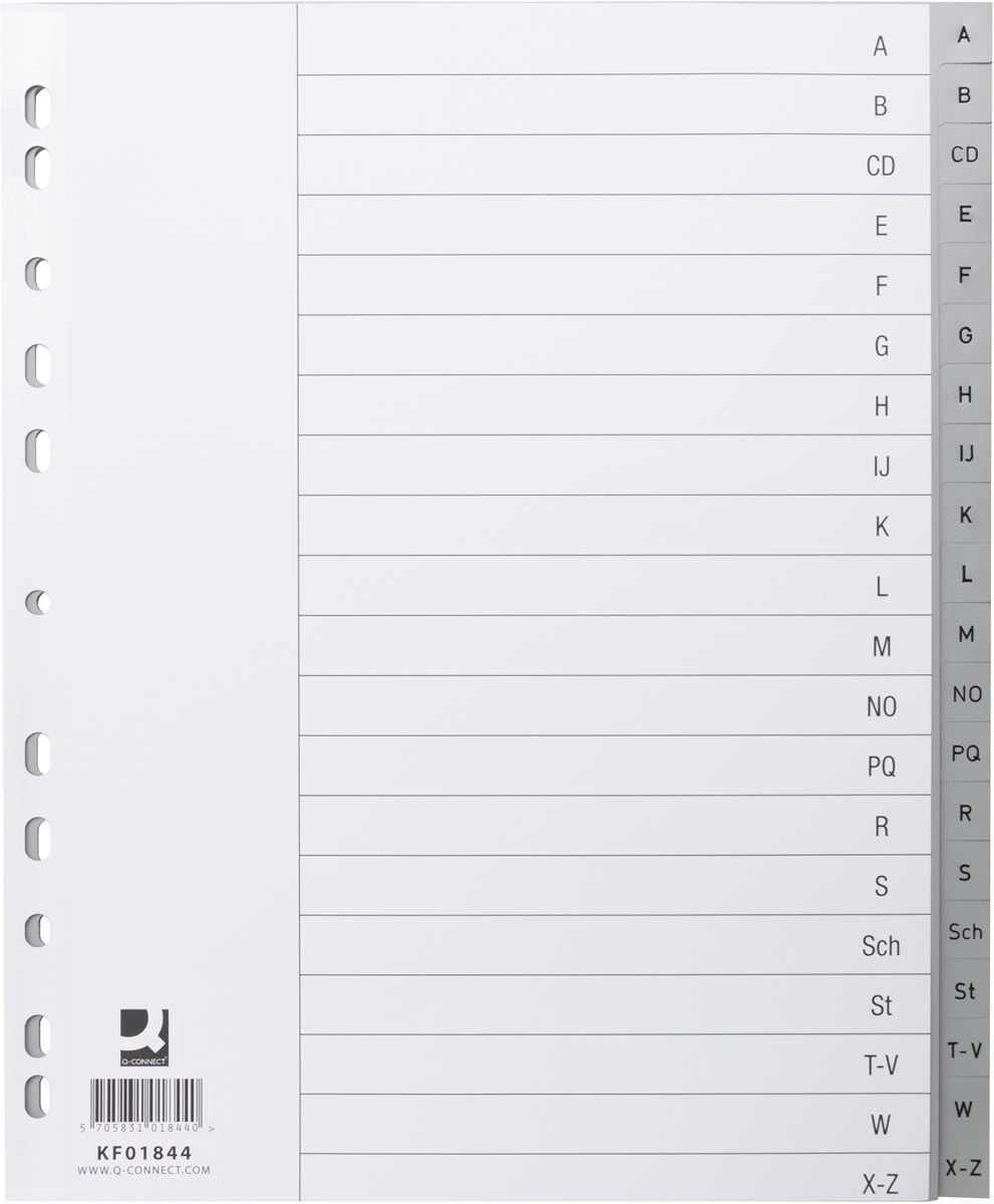 Q-CONNECT tabbladen, A4, PP, 11-gaatsperforatie, set van A-Z, 20 tabs, grijs