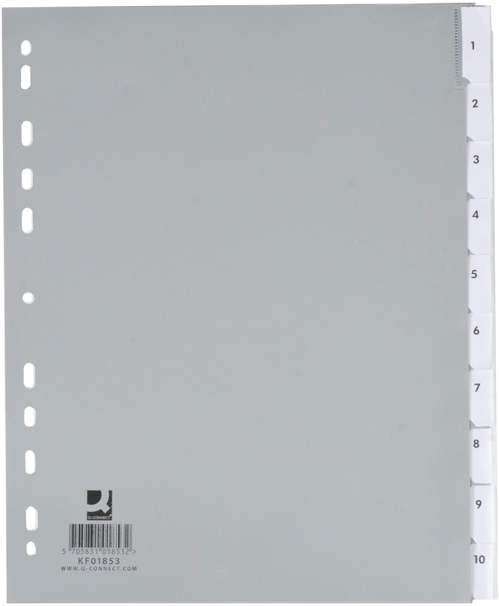 Q-CONNECT tabbladen, A4, PP, 11-gaatsperforatie, 10 tabs, grijs