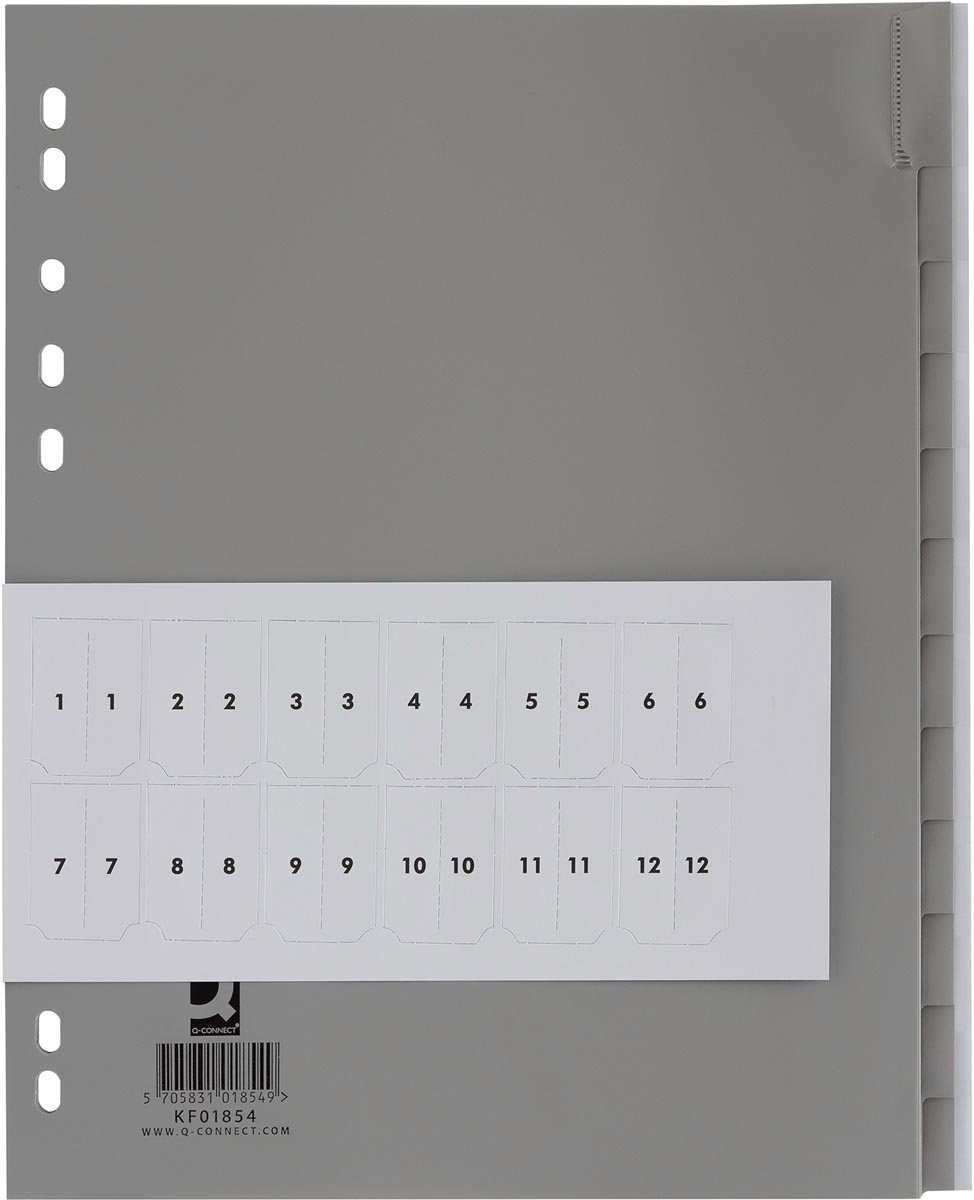Q-CONNECT tabbladen, A4, PP, 11-gaatsperforatie, 12 tabs, grijs